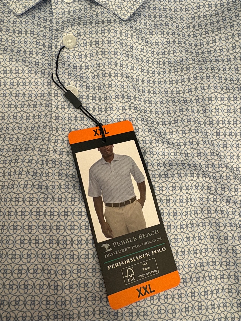 Pebble Beach White Polo with Blue Circular Geo Print